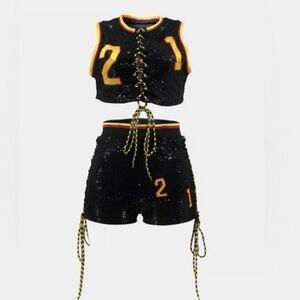 Black Sequin Lace-Up Two-Piece Set Size 2X